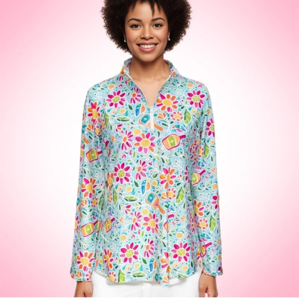 KATHERINE WAY Anna Maria Pullover Pickle Me Pink Aqua XL